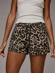 mulinsen Celana Pendek Olahraga Lari Wanita Seksi Motif Leopard, Panjang 3/4, Desain Tali Serut, Celana Pendek Olahraga Musim Panas yang Bernapas - Coklat - View 10