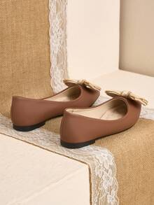 Pointed Toe Low Vamp Bow Flat Shoes, Delicate Satin Texture Soft And High-End, Versatile Shoes. - Dark Brown - View 6