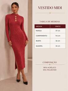 Vestido Midi Feminino Tricot Canelado Manga Longa Gola Alta Elegante - Goiaba - Visão 8