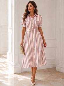 Elegant Women's Midi Shirt Dress With Pink And White Stripes, Belt And Puff Sleeves, Perfect For Summer Outings And Casual Events. - 乾枯玫瑰色 - 查看 3