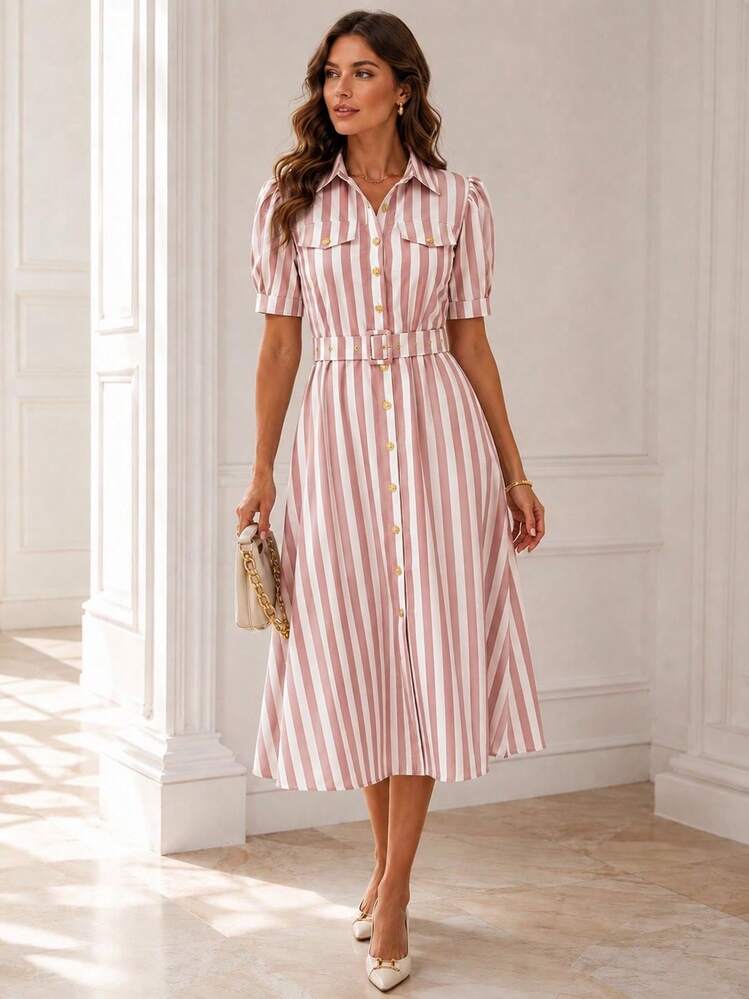 Elegant Women's Midi Shirt Dress With Pink And White Stripes, Belt And Puff Sleeves, Perfect For Summer Outings And Casual Events. - Rusty Rose - View 3