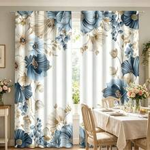 2pcs Elegant Floral Pattern White, Blue And Green 2D Flat Print Curtains. Rod Pocket Design, Semi-Transparent Polyester Curtains Suitable For Decorating Your Living Room, Bedroom, Office Or Kitchen - Multicolor - View 6