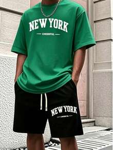 Men'S New York Casual Short Sleeve Black With White Lettering Casual Style| Comfortable Fit, PLUS SIZE  Men's Casual Outfit, Cotton Sportswear Set - 綠色 - 查看 2