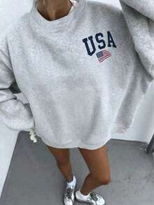 2026 New Arrival Bestseller Women's "USA" & American Flag Print Loose Pullover Sweatshirt, Encountering Lazy Fashion, Women's Graphic Tops Clothes. - 淺灰色2 - 查看 2