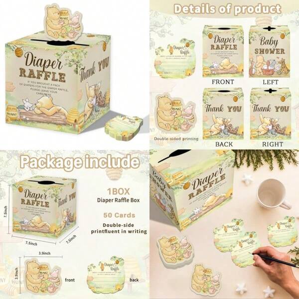 Azbuk Winnie Baby Shower Decorations Diaper Raffle Box Contains 50 Diaper Raffle Tickets Diaper Raffle Box For Baby Shower Pooh Gender Reveal Decorations