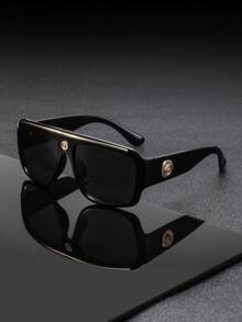 1 Pair Men's Black & Gold Top Beam Embossed Badge Square Frame Glasses, Light Luxury Vintage High-End Elegant Luxurious Classical Fashion Eyewear, Suitable For Vacation, Gathering, Dinner, Party - Multicolor - View 13