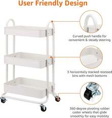 Charcoal 3-Tier Rolling Kitchen Cart With Wheels Storage Trolley For Home Office Bathroom Organization - White - View 4
