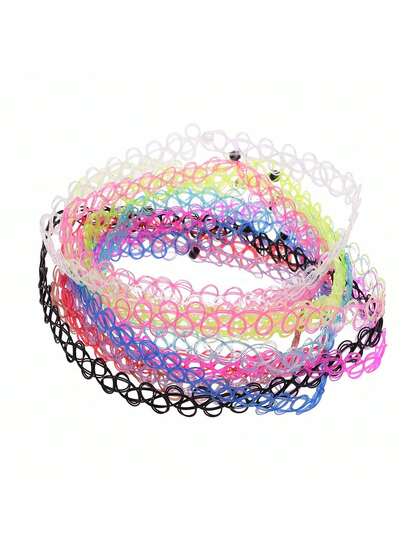 12pcs/Set Women's Colorful Minimalist Gothic Choker Necklace Set, Fishing Line Woven Hollow Design, Suitable For Daily And Party Wear