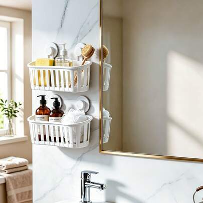 1pc No-Drill Bathroom Cosmetic Drainage Storage Rack, Suction Cup Storage Box, Corner Shower Shelf, Large Bathroom Storage Rack, Shower Tray Shelf, Embedded Floating Shower Wall Rack, Heavy Duty Bathroom Basket