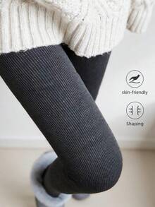 Women's Dark Gray Vertical Striped Tights, High Elasticity Slimming, Korean Slouchy, Autumn/Winter Commute Versatile Knit Leggings - Dark Grey - View 1
