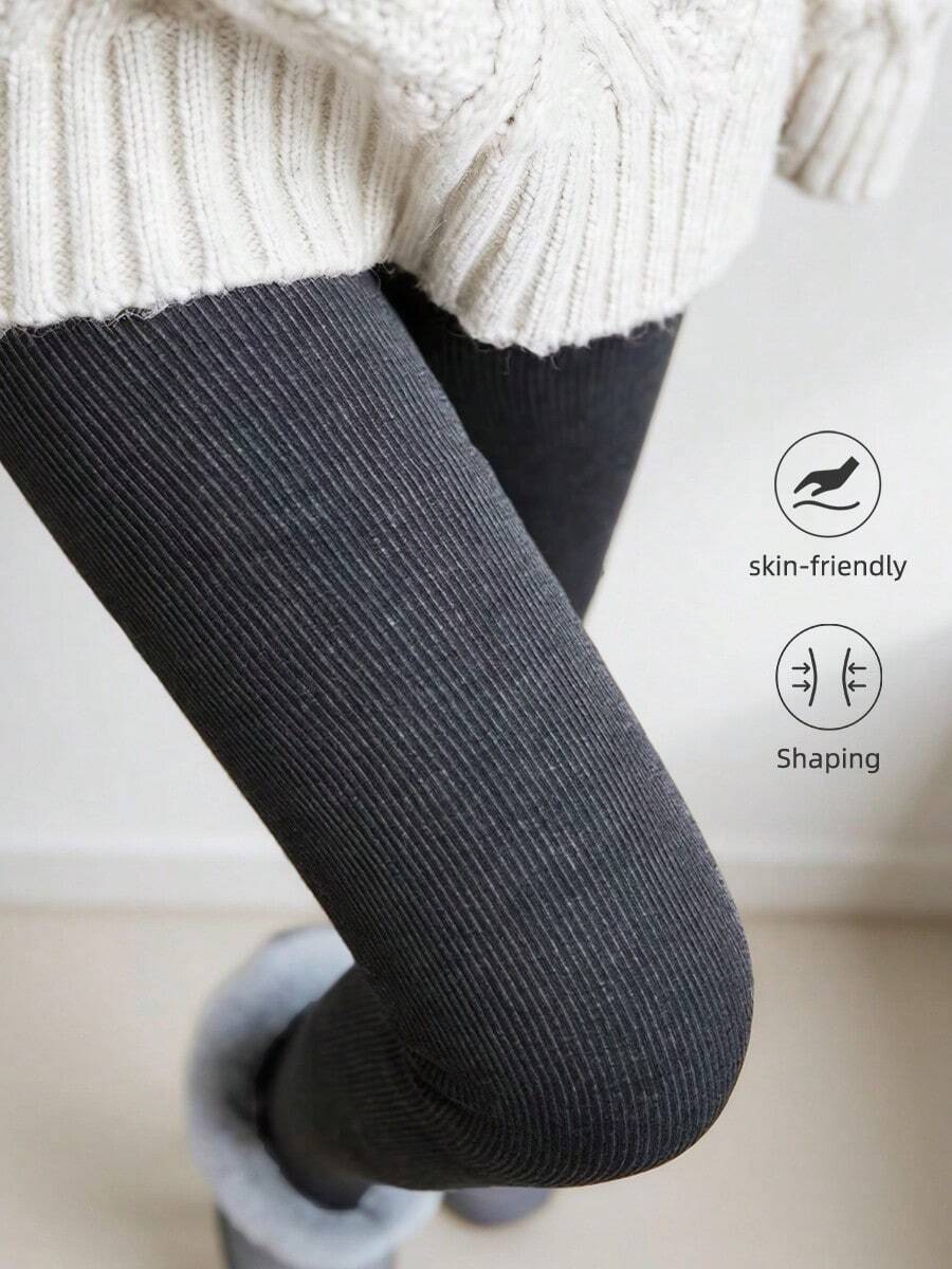 Women's Dark Gray Vertical Striped Tights, High Elasticity Slimming, Korean Slouchy, Autumn/Winter Commute Versatile Knit Leggings - Dark Grey - View 1
