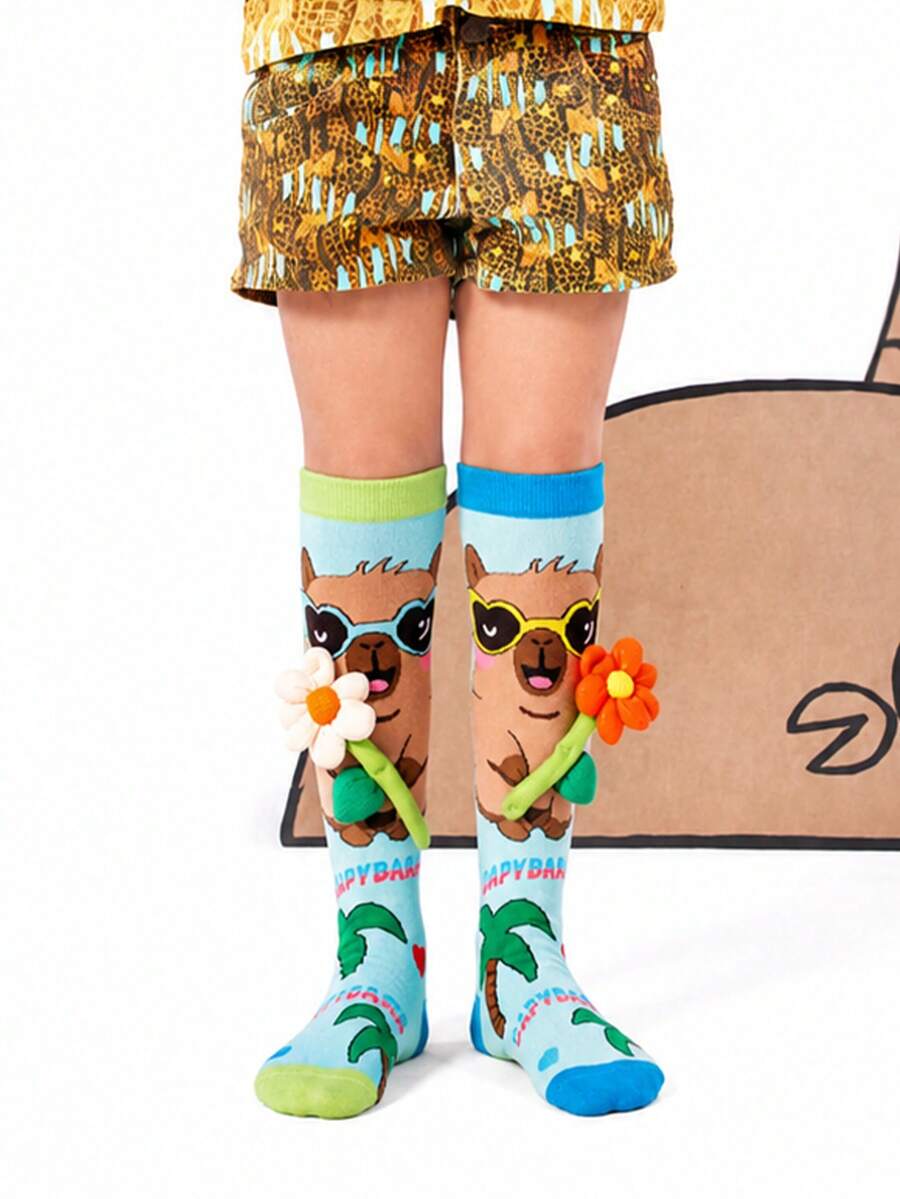 1 Pair Kids Unisex Knee High Socks, 3D Plush Flower Capybara Cartoon Light Blue Tropical Creative Design For Daily Wear - Multicolor - View 1