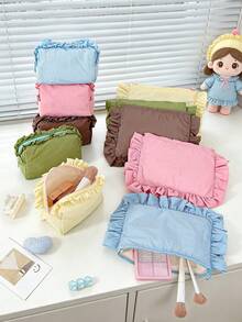 Cute Ruffle Trim Cosmetic Bag Plain Makeup Bag Portable Toiletry Bag Travel Makeup Clutch Pouch Grid Pattern Make Up Bag Zipper Handbag Brushes Holder - Multicolor - View 2