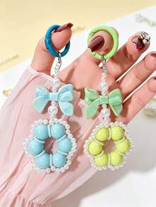 1pc Fresh Versatile Bowknot Keychain Pendant, Dopamine Handmade Woven Pearl Flower Bag Charm - 彩色 - 查看 2