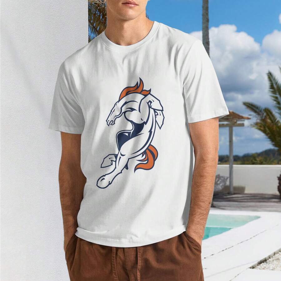 Denver Broncos Men's T-Shirt, Soft And Stretchy Cotton, Crew Neck, Comfortable Slim Fit, Breathable And Durable, Basic For Everyday Wear, Office Or Casual Outings - 白色 - 查看 1