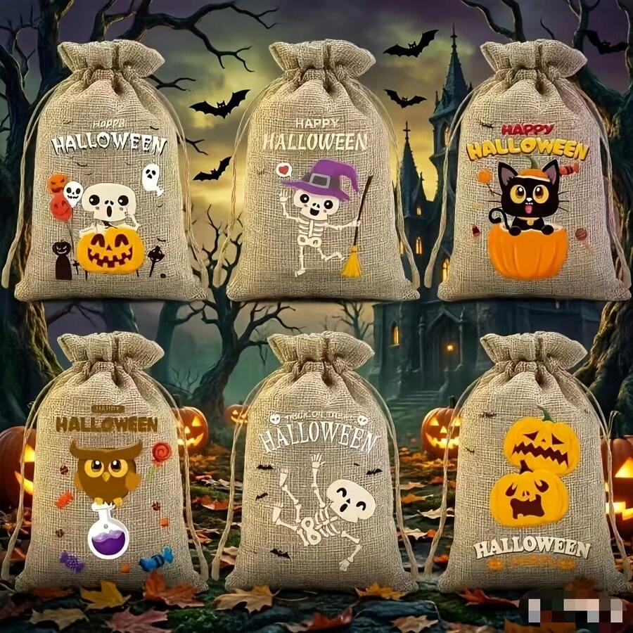 6pcs Halloween Drawstring Gift Bags, Halloween Trick Or Treat Bags, Suitable For Party Decoration And Storage, Gift Bags, Boxes, Handbags - Multicolor - View 1