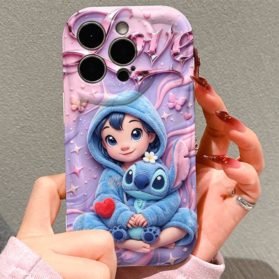 Disney Lilo & Stitch Pajama Phone Case, Plush Style With Heart & Butterfly Print, Shockproof Protective Cover, Compatible With IPhone 17/16/15/14/13/12/11 Pro, Perfect Gift For Fans & Girls - 白色 - 查看 1