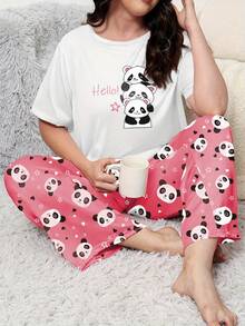 Plus Size Casual Comfortable Cartoon Print Short Sleeve Pink Bear Print Long Pants Women's Loungewear 2 Pieces Pajama Set - White - View 6