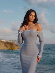 Sexy Long Gown Sleeve Off-Shoulder Heavy Pearl & Rhinestone Embellished Fitted Long Bandage Elegant Wedding Bridesmaid Birthday Party Prom Formal Fall - Grey - View 11