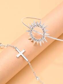 2 pièces/set Ensemble de bracelets empilables pour femmes, bracelet soleil et bracelet croix en strass, convient pour le port quotidien, le bureau, les vacances et les cadeaux - Strass - Voir 9