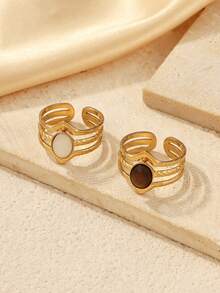 2pcs Stainless Steel Women's 18K Gold Plated Open Adjustable Multi-Layer Rings, Twisted Texture Band Inlaid With Oval Natural Shell Tiger Eye Stone, Vintage Style Daily Party Fashion Jewelry - Yellow Gold - View 3