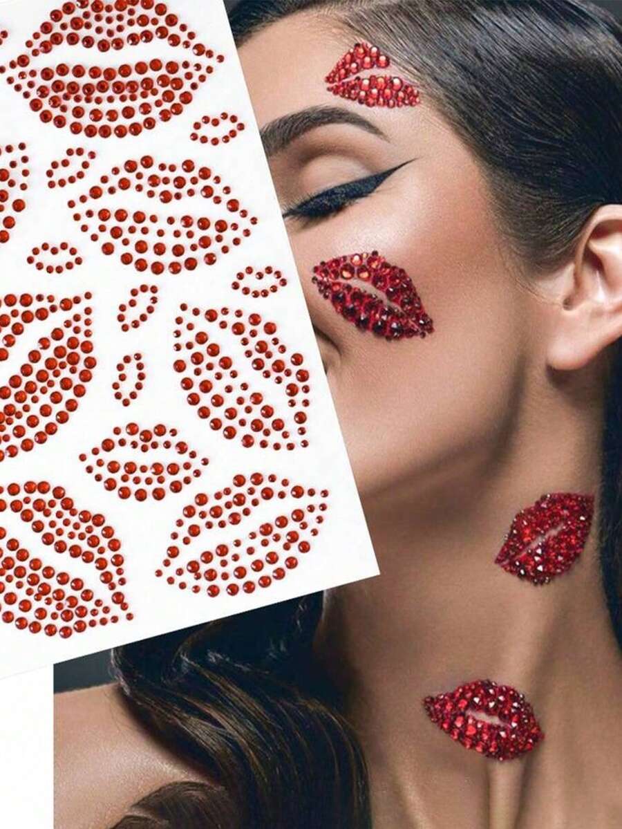 Realistic Red Lip Rhinestone Body Face Gems For Women Jewelry Stickers Shiny Valentine's Day Temporary Face Body Decoration Synthetic Gemstone Lip Design For Parties Photos Party Accessories Event Makeup Cheer Cheerleading Stuff