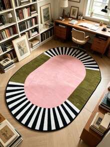 1pc Pink & Green Striped Oval Area Rug, Living Room Carpet, Washable Rug, Home Decor - Multicolor E - View 5