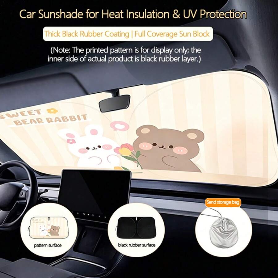 1pc Cute Bear & Rabbit Car Sun Shade, Universal Summer Car Sun Visor, Heat Insulation & UV Protection, Double Ring Front Windshield Sunshade - One Size Fits All - View 1