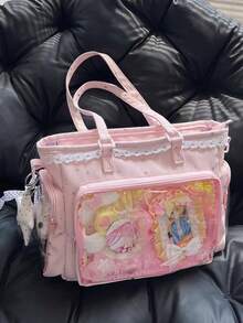 1件日系軟妹清新百搭女款單肩包，高品質尼龍材質搭配滿版星星印花，蕾絲飾邊增添優雅細節，2D JK 動漫展 DIY 透明裝飾包，雙側口袋附透明層，大容量休閒托特包，適合學生攜帶書籍上課，可愛甜美風格女包，防水尼龍面料，可用於展示動漫周邊、參加漫畫展、購物、派對與旅行的 Ita Bag - 粉色 - 查看 6