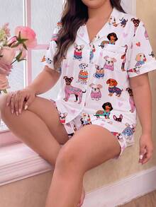 2件組女款睡衣套裝，可愛小狗印花，女款居家服，春夏度假穿搭，短袖翻領上衣與短褲，可外穿 - 彩色 - 查看 9