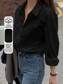 Loose-Fitting Long-Sleeved Shirt With Pockets And Buttons, Women's Multi-Season Casual Blouse For Spring And Autumn, Suitable For Business And Professional Workwear. - 黑色 - 查看 1