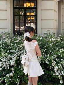 Women's Summer Outing Date Solid Color Asymmetric Neck Ruffle Hem Dress Elegant White - White - View 6