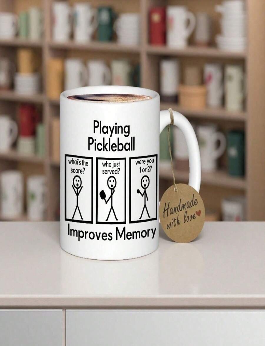 ACMALCO Pickleball Theme Fun Stickman And Memory Quotes Ceramic Mug - 11oz 350ml Non-Slip Coffee Mug With Racket Design (2) - Blanco - Ver 1
