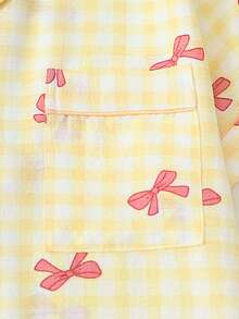 2pcs Women's Comfortable Plaid Bow Print Short Sleeve Collared Top And Bow Shorts Pajama Set, Spring/Summer - Yellow - View 5