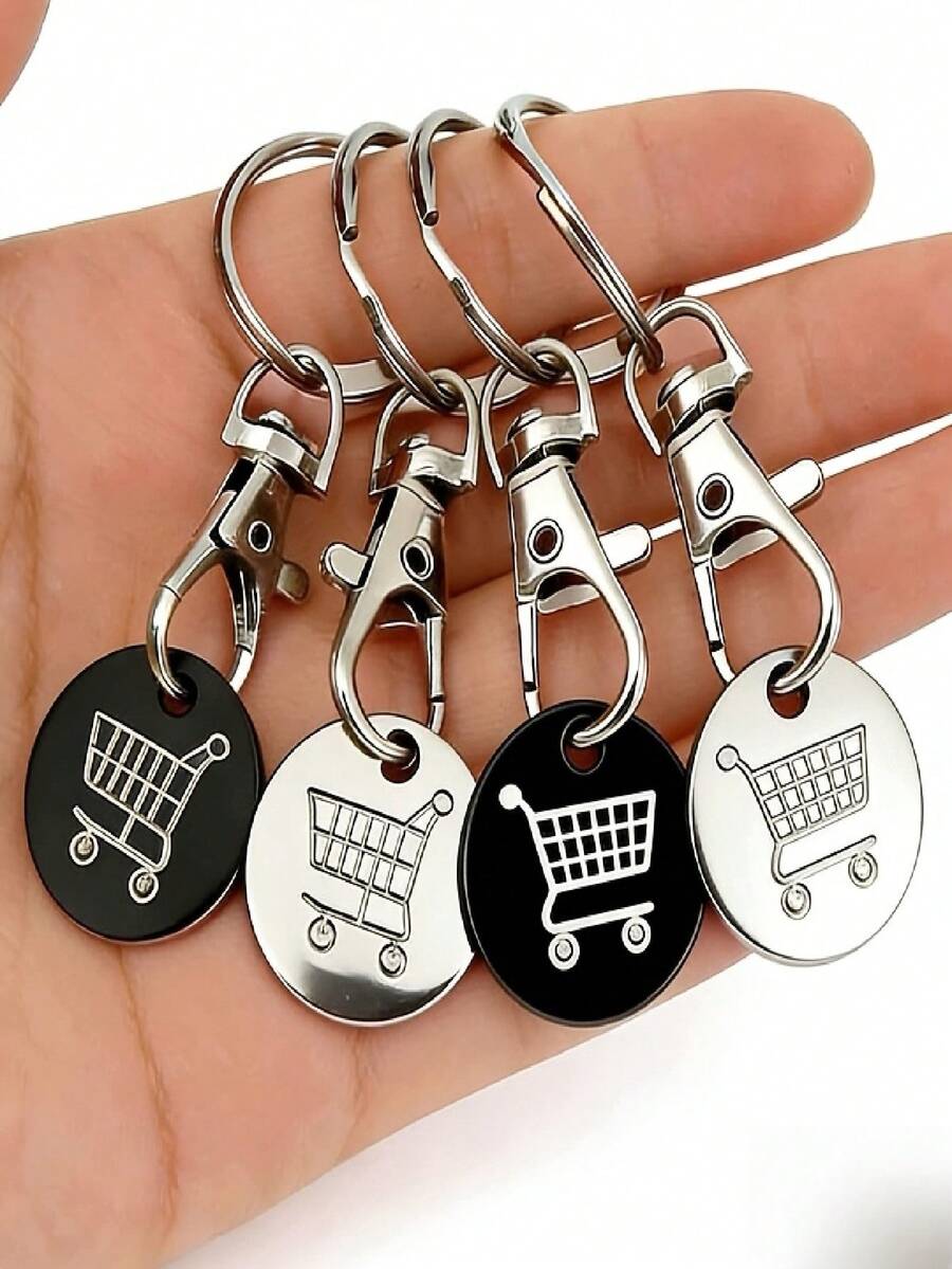 4pcs Stainless Steel Supermarket Shopping Cart Token Keychain/Anti-Loss Token Set Keychain Pendant/Keychain Design/Perfect Decorative Keychain Ready For Use/No Coins Needed/Ideal Gift For Mother's Day Or Christmas - Set - View 1