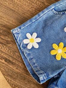 2pcs/Set Young Girl' Cute Minimalist 3D Flower & Bee Decor Camisole And Denim Shorts Set, Summer - Yellow - View 9