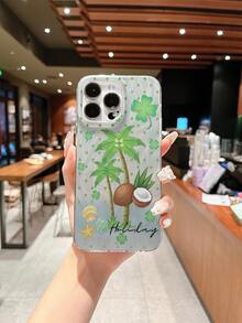 1pc St. Patrick's Day Coconut Tree & Four-Leaf Clover Print Phone Case, Transparent Foil Texture Full Coverage Shockproof Soft Shell, Fresh Vacation Style Gift Protective Cover, Compatible With IPhone17/17Pro/17ProMax/16/11/16Plus/16ProMax/16e/15ProMax/13/14/12/14ProMax/12ProMax/13ProMax/12Pro/13Pro/14Pro - Colorful Feather Yarn - View 1