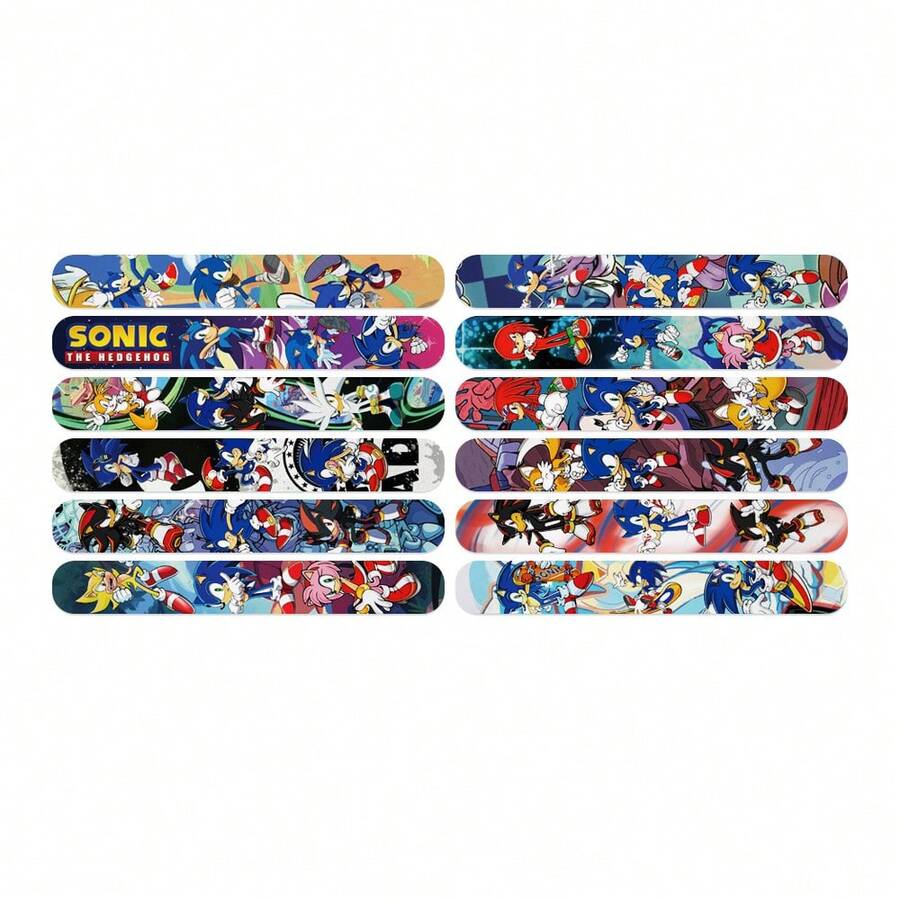 12pcs Sonic Character Printed Pop Wristbands - Anime Pop Rings - Adjustable Party Wristbands - Suitable For Holiday Parties And Birthday Gifts - Anniversaries - Birthday Gifts - Multicolor - View 1