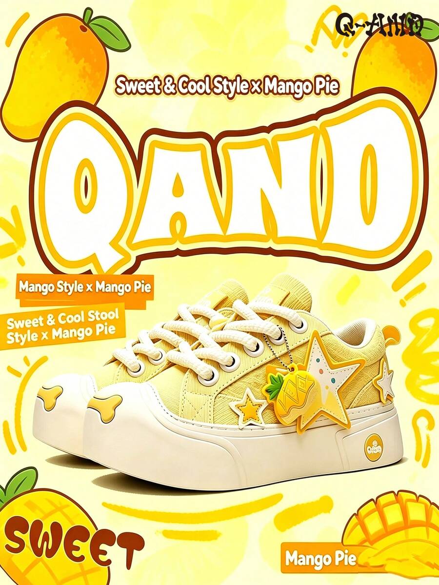 Q-AND Yellow Thick Sole Fun Round Toe Flat Sports Casual Skate Shoes Women 2026 New Versatile Y2K Outfit Original Design Unique Sports Skateboard Shoes Unisex With Detachable Pendant, Daily Sports Holiday Gift First Choice