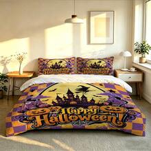 3-Piece Halloween Bedding Set (1 Duvet Cover + 2 Pillowcases), Featuring Halloween-Themed Design. Bedding Is Soft And Comfortable, Made With High-Definition Digital Printing Technology. Patterns Include Castles And Pumpkin Designs. No Fillers Included. Perfect For Bedroom, Dorm (Unisex) And Travel Use. - 4129+SJT+W - View 7