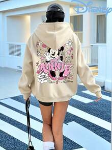 Disney Minnie Mouse Back Graphic Hoodie Women Beige Oversized Hooded Sweatshirt Y2K Streetwear Casual Slouchy Pullover Top - 杏色 - 查看 1