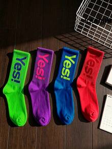 2 Pairs Random Multicolor Contrast YES Letter Mid-Calf Socks Unisex Ribbed High Elastic Breathable Sweat-Absorbing Korean Japanese Street Style Cool Mid-Calf Socks Suitable For Skateboard Sports Campus Outings Party Music Festival Outfits - Multicolor - View 5