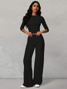 Yefecy 2Pcs Women's Basic Matching Set, Crew Neck Mid Sleeve Top & High Waist Letter Print Wide Leg Pants, Slim Elastic Outfit For Commute, Yoga Sports - Black - View 4