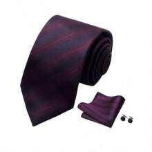 A Set Of Red Tie, Pocket Square, And Cufflinks For Men, Striped Tie 8 Cm, Suitable For Holidays, W - Red - View 2