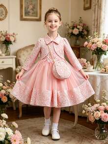 Girls' 3 PiecesLuxury Tulle Princess Dress Set, Long Sleeve Dress, Perfect For Special Occasions - Pink - View 1