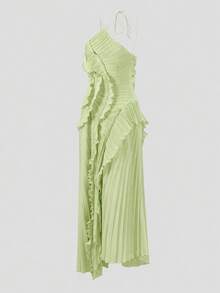 Women's Green Lightweight Halter Neck Backless Ruffle Mid-Length A-Line Dress, Sleeveless Polyester, Suitable For Party, Night Out, Date, Beach, Summer - Pastel Green - View 7