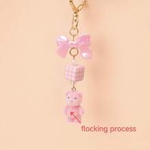 1pc Women's Flocked Cartoon Pink Bear Keychain Bow Plaid Square Pendant Accessory Cute Adorable Earphone Bag Key Charm - Pink - View 4