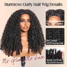bling hair Burmese Curly 3 IN 1 Half Wigs Human Hair Wig Glueless Wig Ready To Wear Half Wig Drawstring Clip Burmese Curly Half Wig 24 Inch 250 Density - Natural Black - View 5
