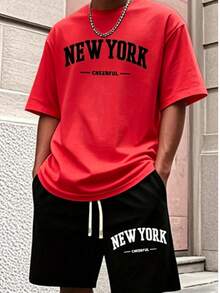Men'S New York Casual Short Sleeve Black With White Lettering Casual Style| Comfortable Fit, PLUS SIZE  Men's Casual Outfit, Cotton Sportswear Set - 紅色 - 查看 6