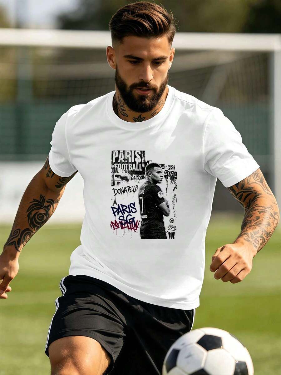 Herren-T-Shirt Mit Paris-Fu?Ballmotiv, Weiche Baumwolle, Rundhalsausschnitt, Lockere Passform, Bequem, Grafikdesign - White - View 1